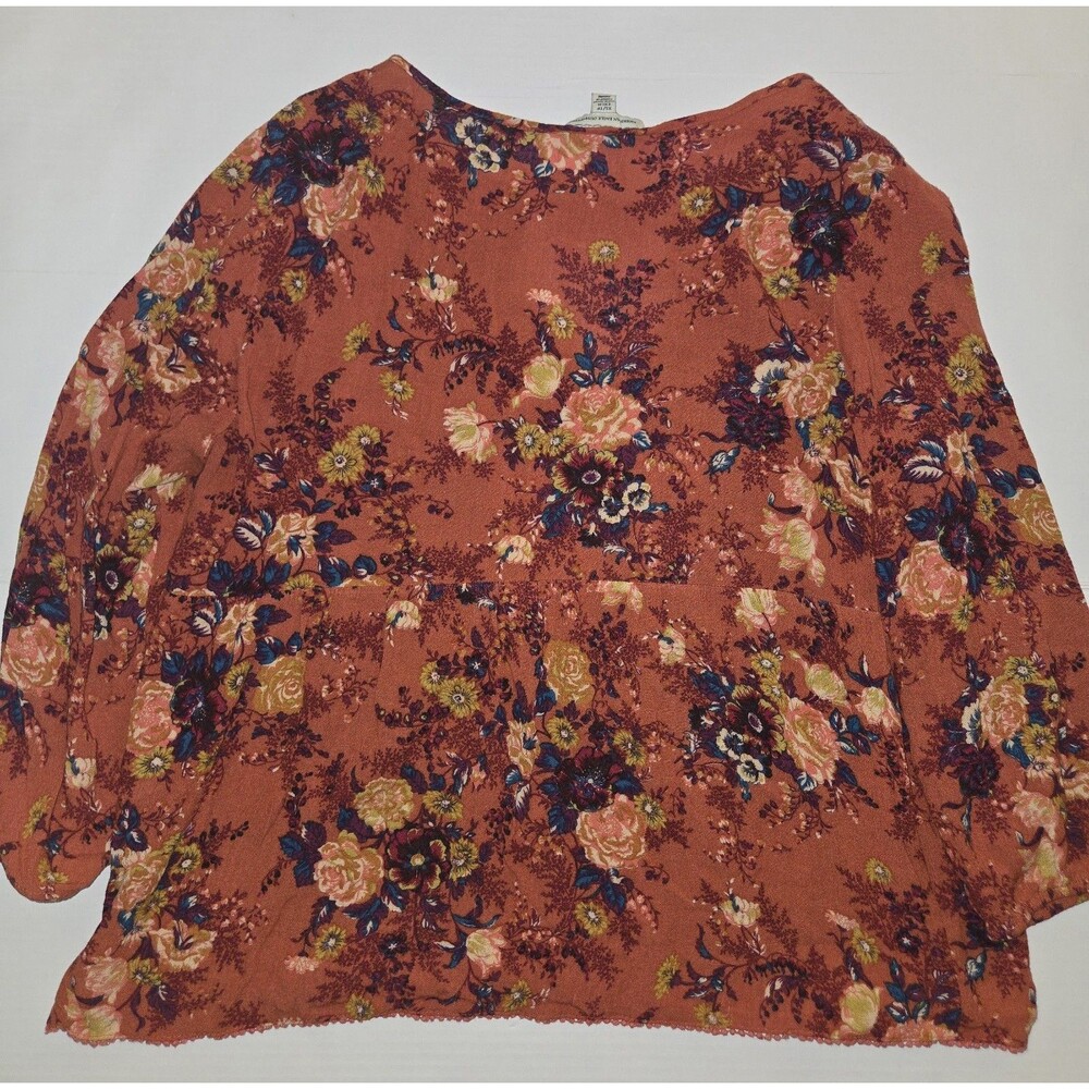 American Eagle Outfitters Rust Multicolor Floral Keyhole Blouse Button Accent XS - Picture 9 of 9